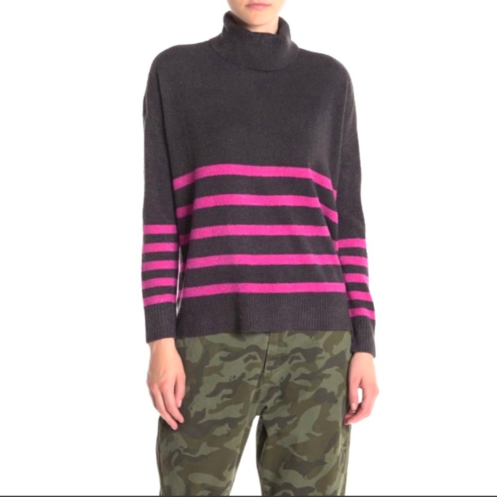 Vince Camuto Gray and Pink Striped Turtleneck Sweater